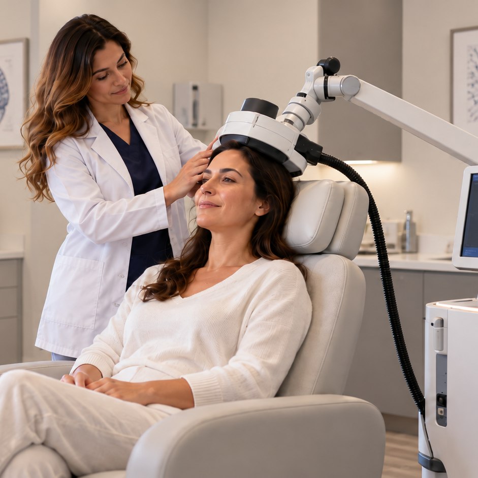 Illustrative image: a clinician positioning a TMS coil on a seated patient in a treatment room