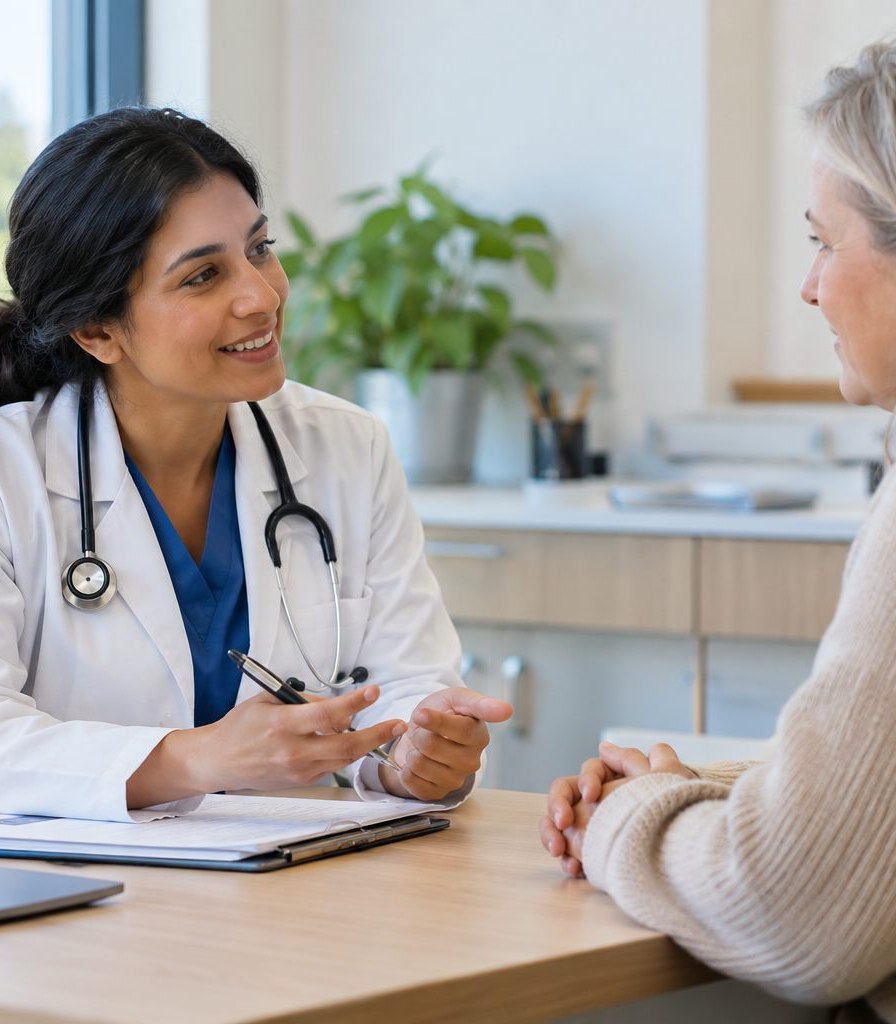 Illustrative image: a clinician in conversation with a patient across a desk
